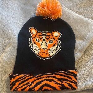 Tiger Face Kids Beanie with Pom Pom - Black and Orange